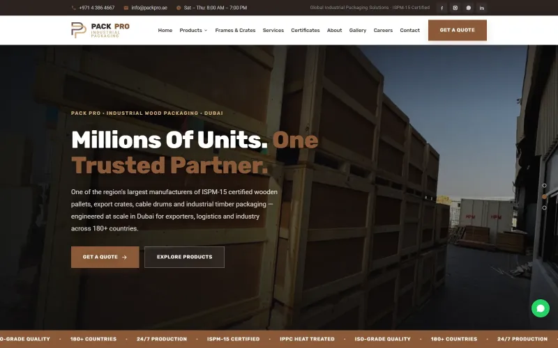 Pack Pro Industrial Packaging website — product catalogue web design, UAE